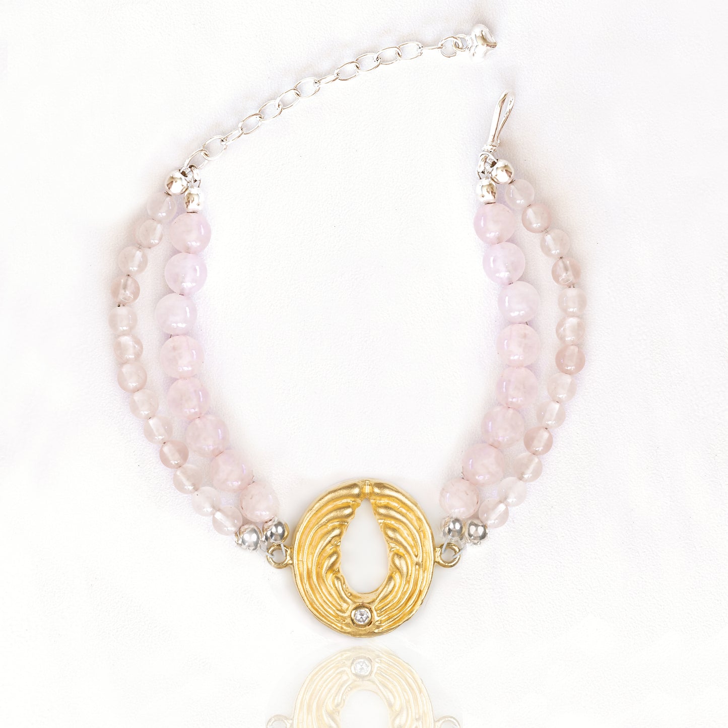 Double Rose Quartz Bracelet with Angel – Gold